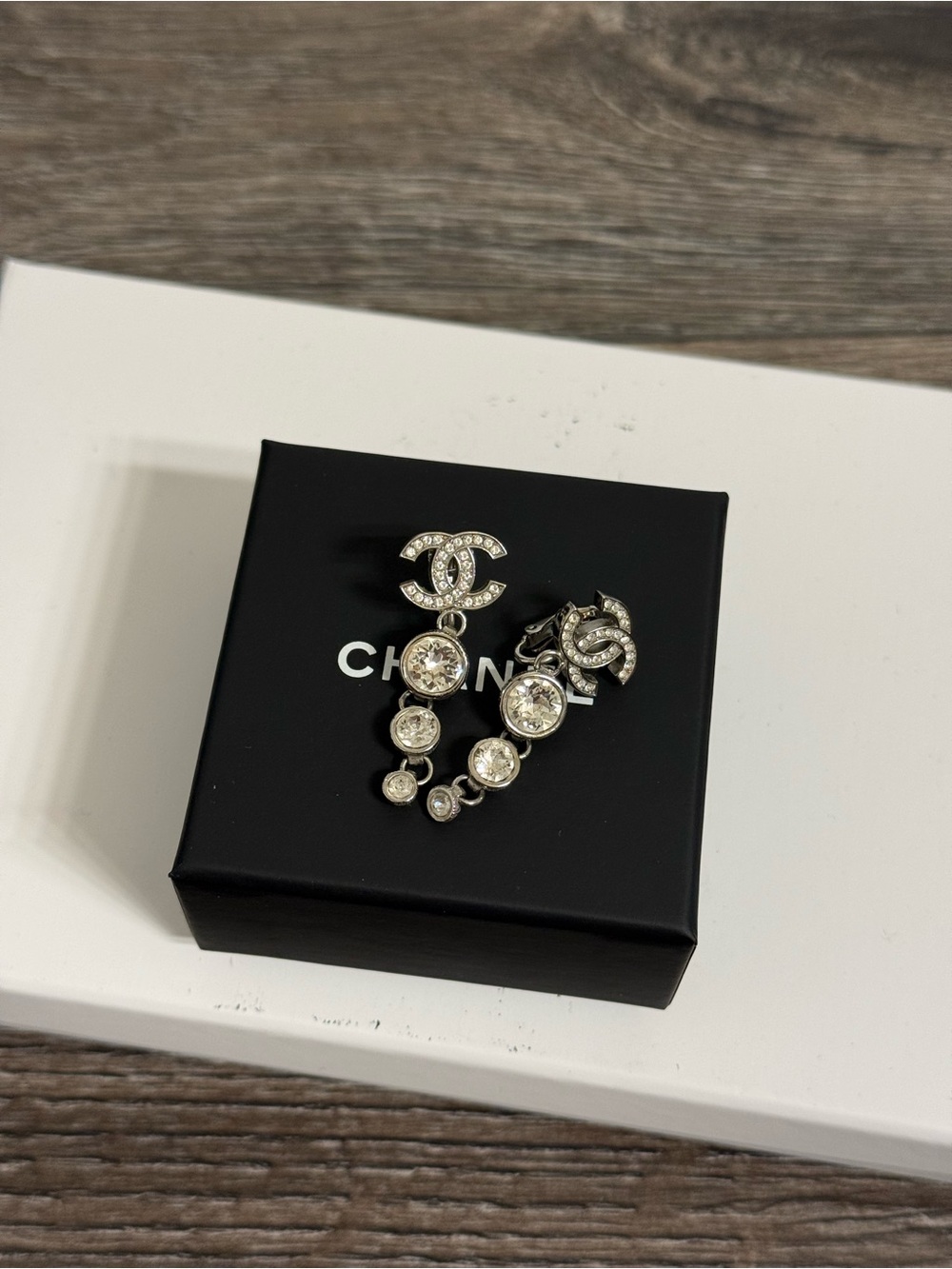 Chanel Silver Crystal CC Drop Clip On Earrings